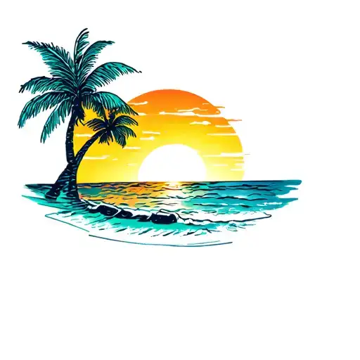 Sunset And Coconut Tree And Beach Scene