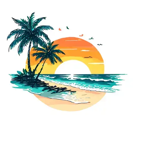 Sunset And Coconut Tree And Beach Scene