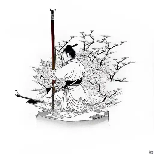 A Japanese Ronin Meditating Under A Cherry Blossom Tree With Musical Instruments Nearby