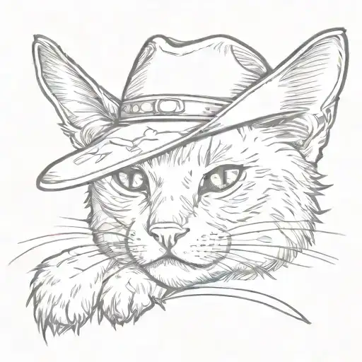 Line Drawing Of A Cat With A Cowboy Hat On