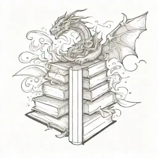 Fine Line Book Stack With Dragon Flying