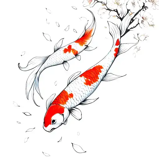 2 Koi Fish Swimming With Blossom Petals Falling