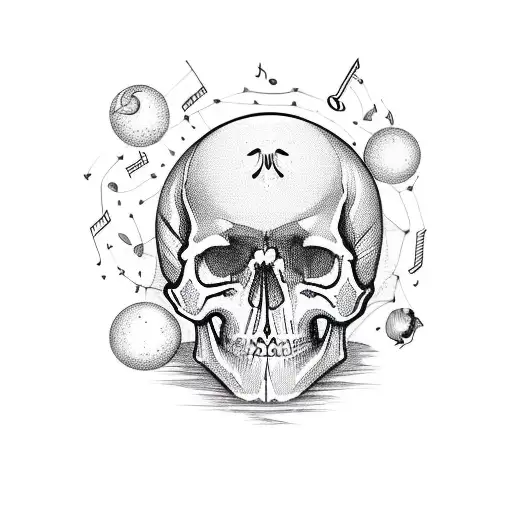 A Gothic-style Skull Surrounded By Musical Notes And Constellations