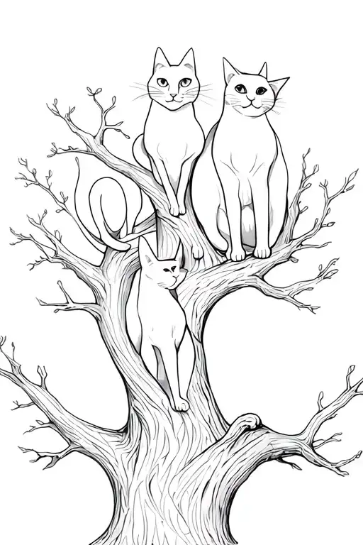 Three Cats On Tree Intertwined