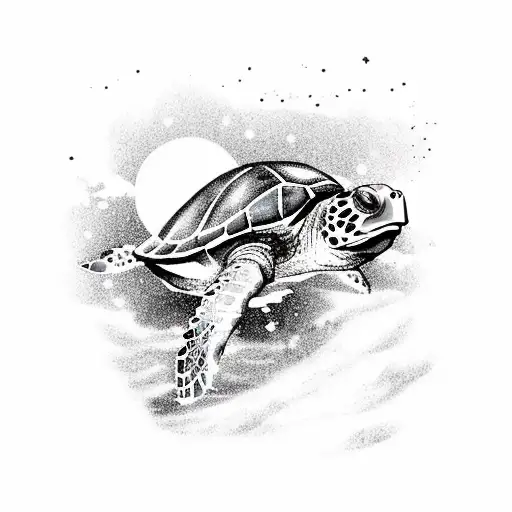 A Sea Turtle Swimming Through A Black And Grey Sketch Of The Northern Lights