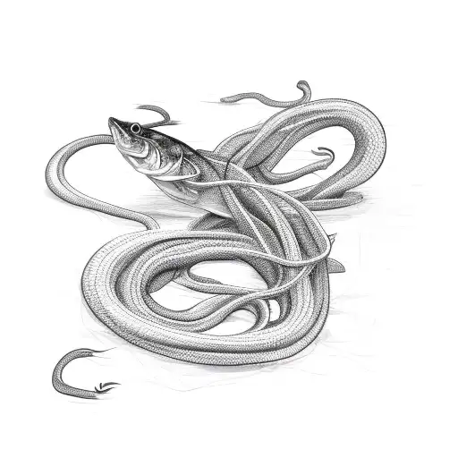 A Sketch-style Eel Tangled In A Fishing Net