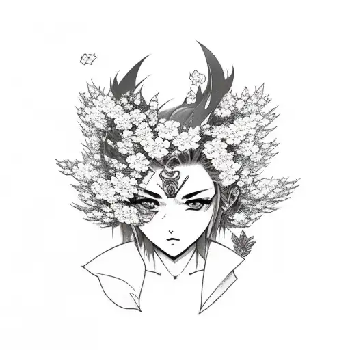 Thigh Tattoo Of A Gaming Character Surrounded By Sakura Blossoms