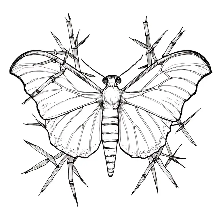 Luna Moth With Bamboo Sticks Crossing Behind It