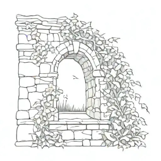 Stone Wall Wrapped In Vines Sunset Sky