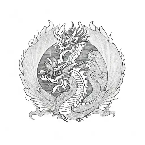 Mayan Dragon With Lotus Flowers Next To A Phoenix