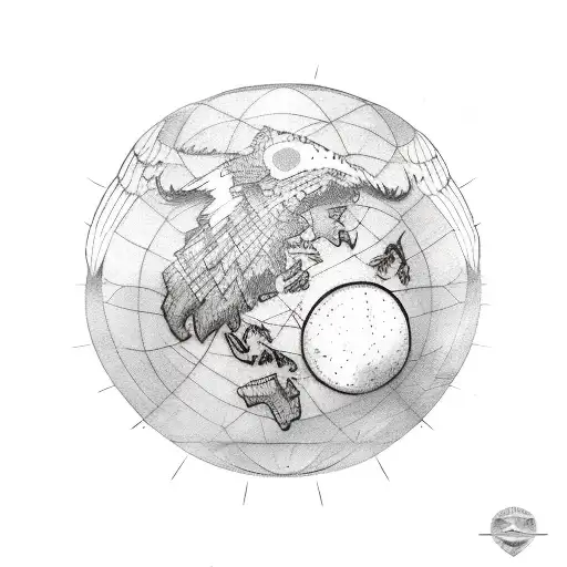 A Sketch-style Tattoo Of A Majestic Eagle Soaring Over A World Map With Camera Lenses As Its Eyes