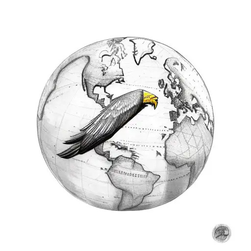 A Sketch-style Tattoo Of A Majestic Eagle Soaring Over A World Map With Camera Lenses As Its Eyes