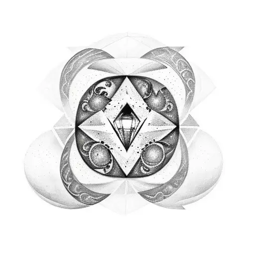 A Tattoo Of A Diamond Shape With A Moon In The Middle And With Swirls From Behind The Diamond Shape