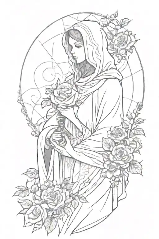 Hooded Silhouette Holding Libra In Hand And Sun With Bunches Of Roses In Background