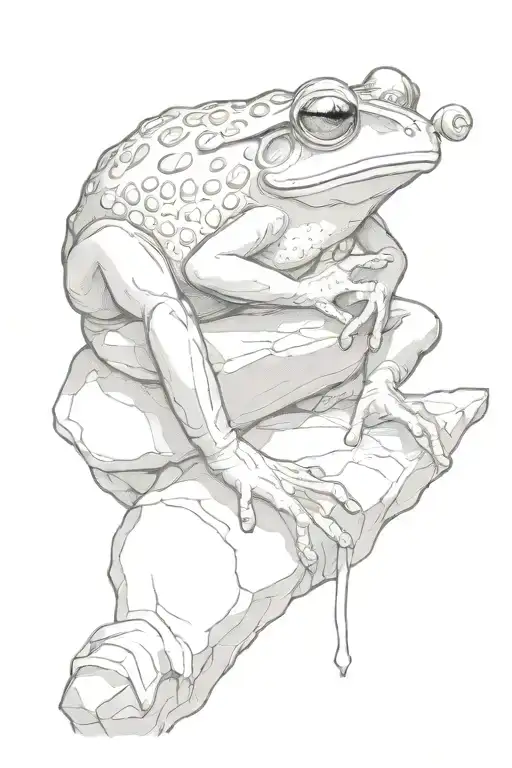 Thoughtful Frog Sitting On A Stone With A Pipe In His Hands