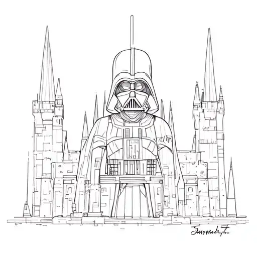 Simple Line Art Darth Vader With Mustafar Castle