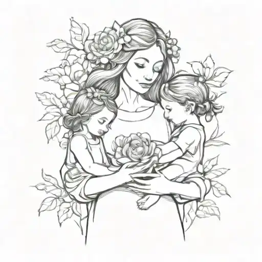 Mother Holding Two Children Hands Flowers Around Them