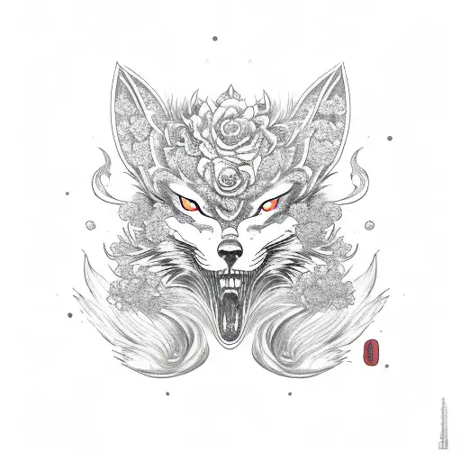 Kitsune Mask With Cherry Blossoms And A Sword Behind It
