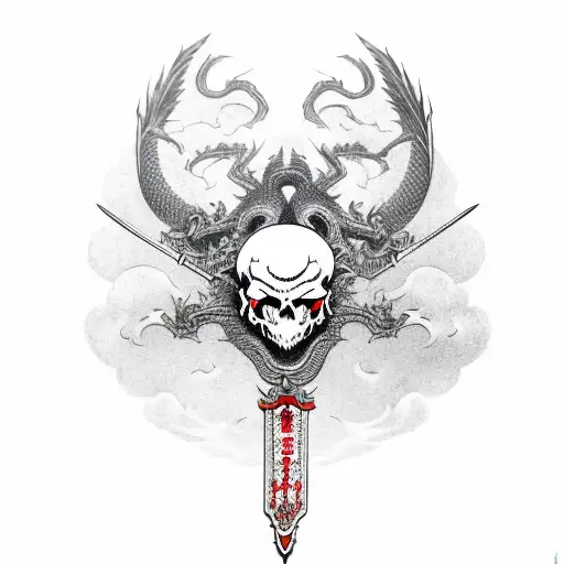 Dragon With Samurai Skull And Katana In Red Colors