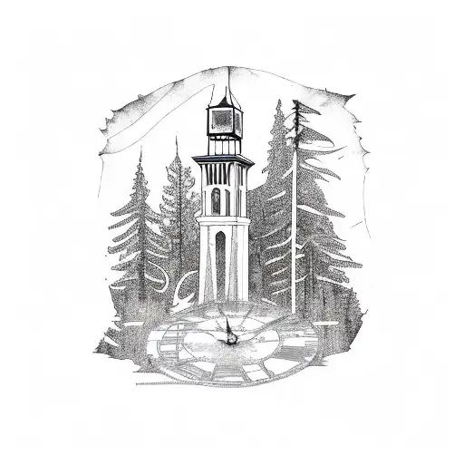 Pnw Forest With A Clock Tower In The Middle