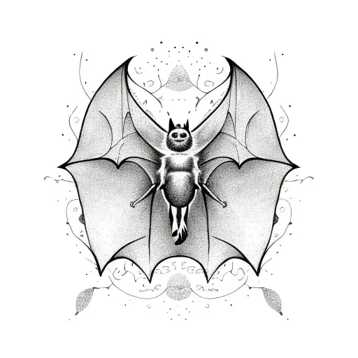 A Dotwork Design Of A Bat Surrounded By Swirling Morning Glory Petals