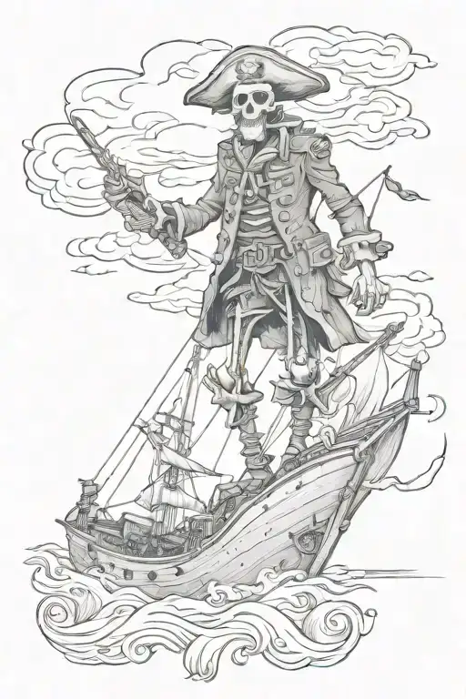 Skeleton Pirate Standing On Sinking Ship Sailing Through Stormy