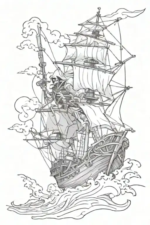 Skeleton Pirate Going Down With His Ship In A Storm