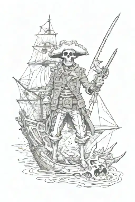 Skeleton Pirate With Blunderbuss And Sword Standing At The Tip Of His Sinking Shipwreck