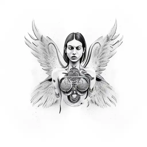 In Between Chest Tattoo Woman With Bird Wings And The Numbers 555 In Between The Chest