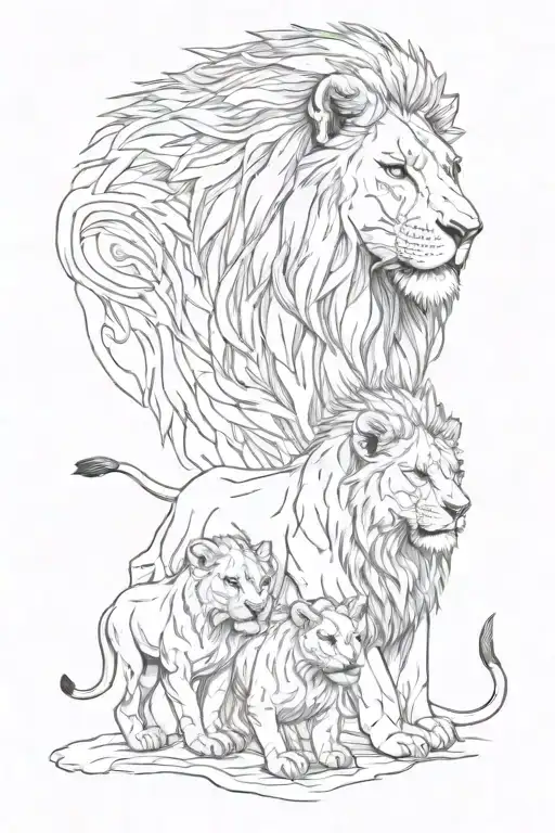 Lion And His Three Lion Cubs In Profile