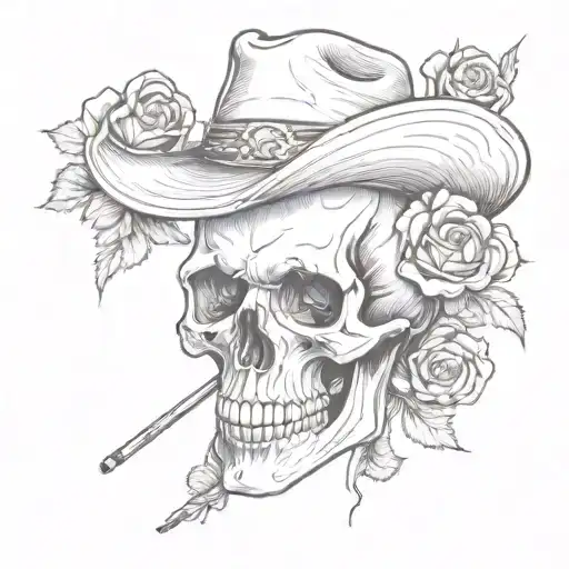 Skull Wearing A Cowboy Hat Smoking A Cigarette Surrounded By Roses