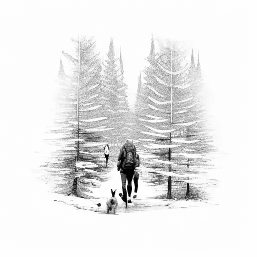 Two People Hiking With A Dog Through A Pine Forest