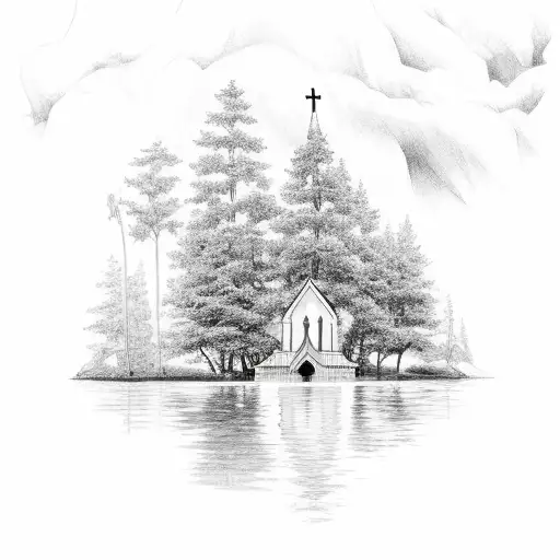 A Serene Landscape Of A Catholic Church Surrounded By Lush Forests And A Tranquil River
