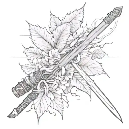 Katana Tattoo With Broken Handle Leaf