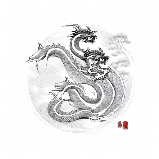 Japanese Dragon Wrapped Around Cherry Blossom Tree