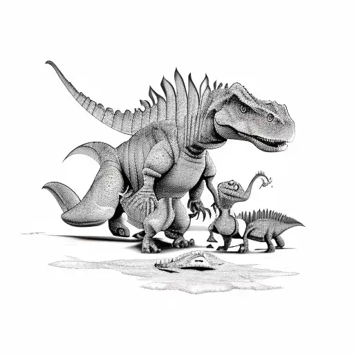 A Sketch Of A Dinosaur Playing With Children