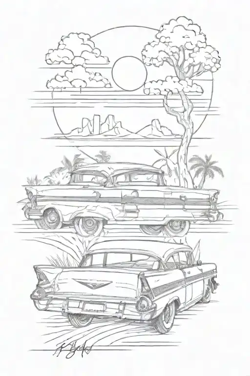 Rear View Of Chevy Bel Air Driving Into Sunset