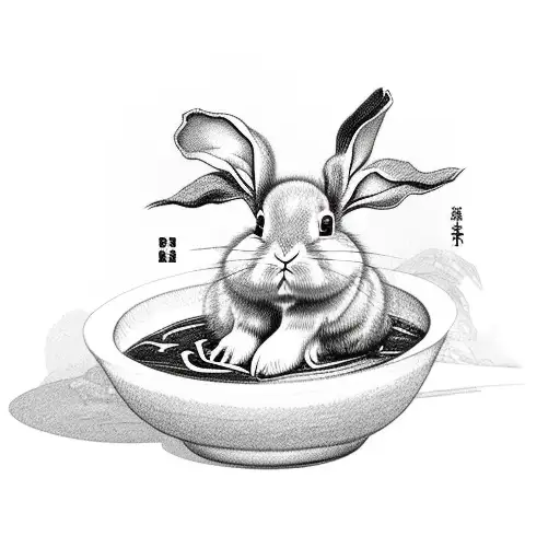 Cute Simple Mini Lop Rabbit Climbing Out Of A Bowl Of Japanese Miso Soup