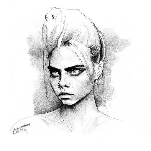 A Portrait Of Cara Delevigne With A Crow Sitting On Her Shoulder In A Sketch Style