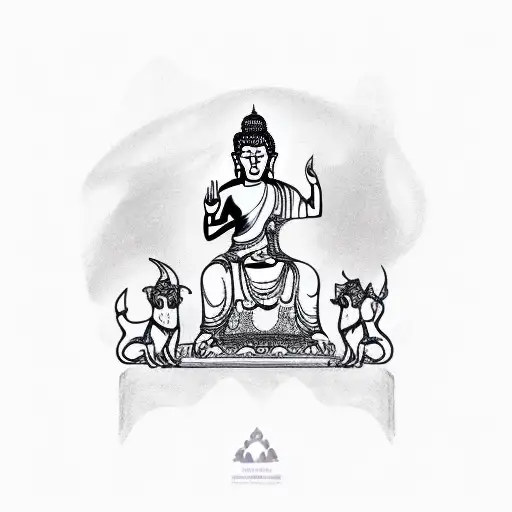 A Detailed Sketch Of A Buddha Holding A Pair Of Grooming Scissors With Dogs Playfully Running Around