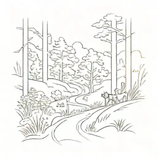 A Sketch-style Trail Winding Through A Forest With A Dog Leading The Way