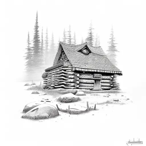 A Detailed Sketch Of A Hunter's Cabin Nestled Among Towering Mountain Peaks