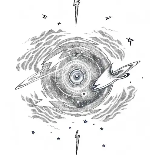Thunder Cloud With Lightning Bolt With A Space Scene Inside Of It With Planets And Stars