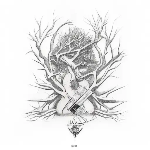 A Sketch-style Tattoo Of A Guitarist Merging With The Branches Of A Tree