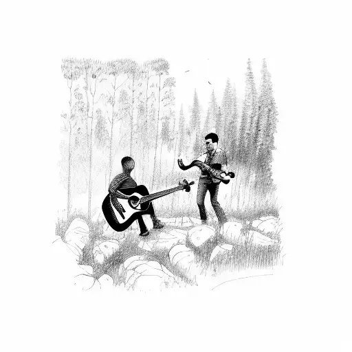 A Sketch Of A Guitarist Surrounded By Nature Elements