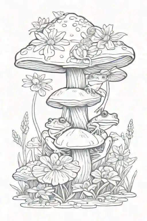 Wildflowers Intertwined With A Cute Frog Sitting On A Mushroom
