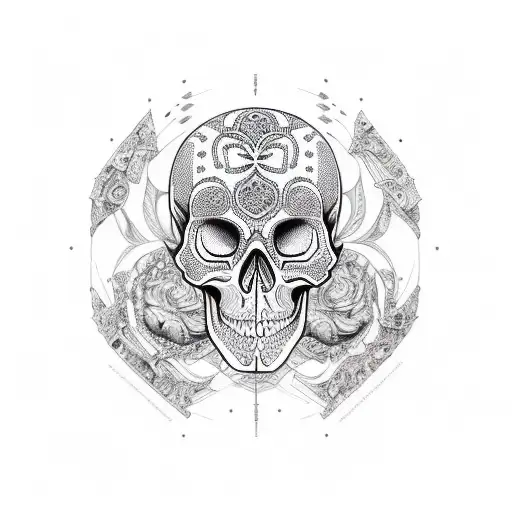 A Detailed Depiction Of A Skull Adorned With Intricate Patterns Representing Different Trades