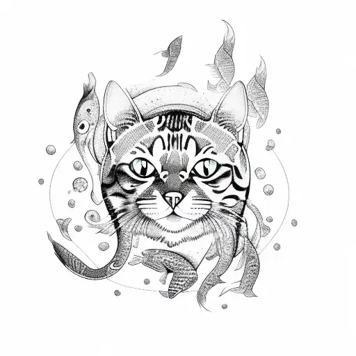 A Sketch-style Tattoo Of A Bengal Cat Playing With Koi Fishes