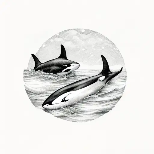Orca Swimming With Two Baby Orcas Underneath The Moonlight