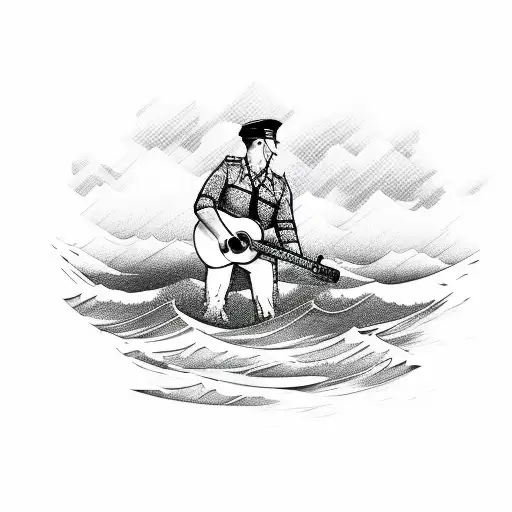 A Soldier Playing A Guitar On A Beach With Waves In The Background